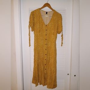 Yellow Floral Dress with Buttons Size XL White Flowers Maxi Dress Bow Sleeves